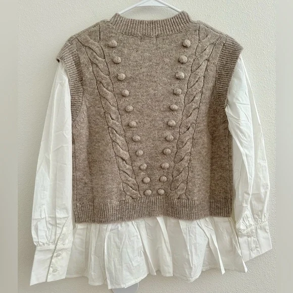 NEW Fate Tan Crew Neck Cable Knit Sweater Vest with Attached white Blouse - Picture 4 of 7